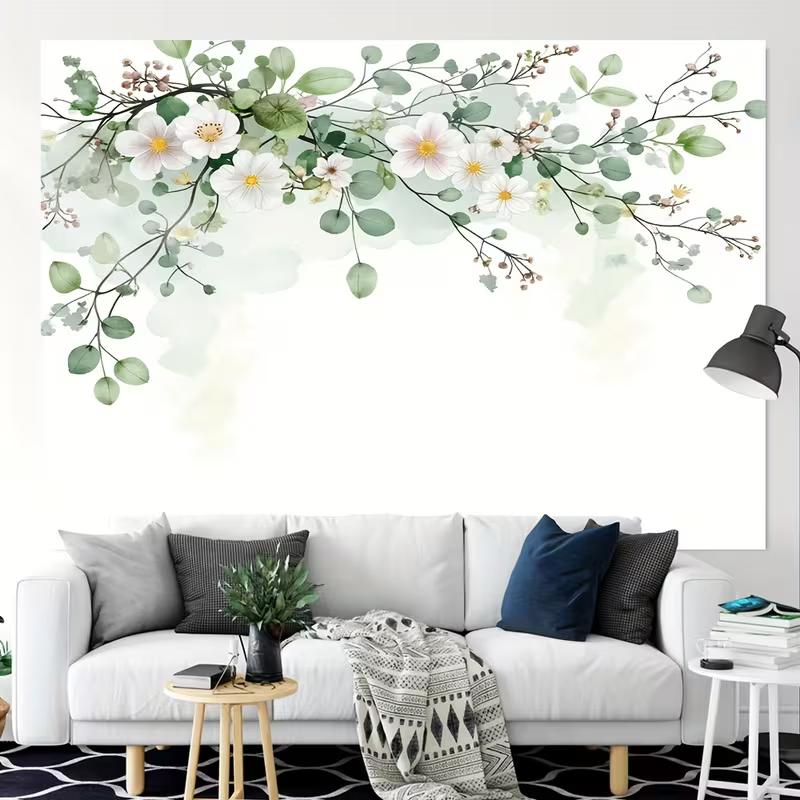 2D Watercolor Eucalyptus and White Flowers Backdrop Party Photo Background Cloth
