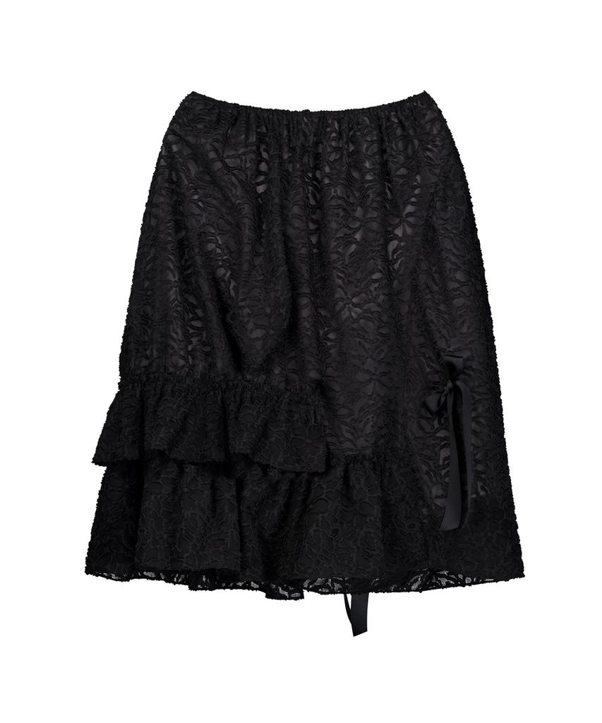 Sennyu Floral Sheer Ruffle Ribbon Skirt (Black)