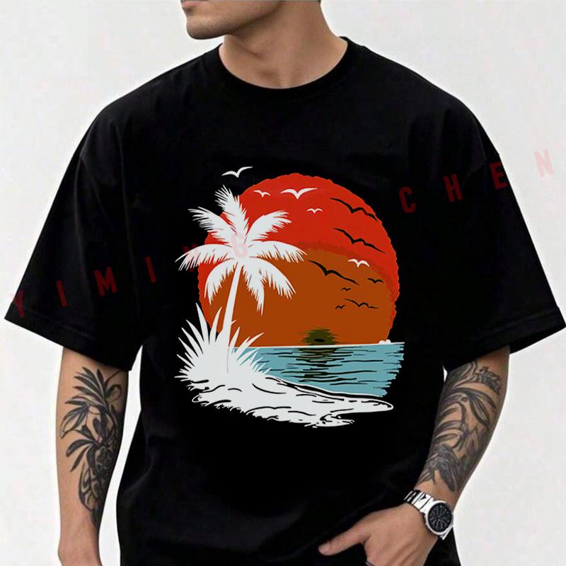 Tropical Sunset Paradise Design Motorcycle Cotton Casual T-shirts Mens Summer Cycling Sportswear Top Tees 2026