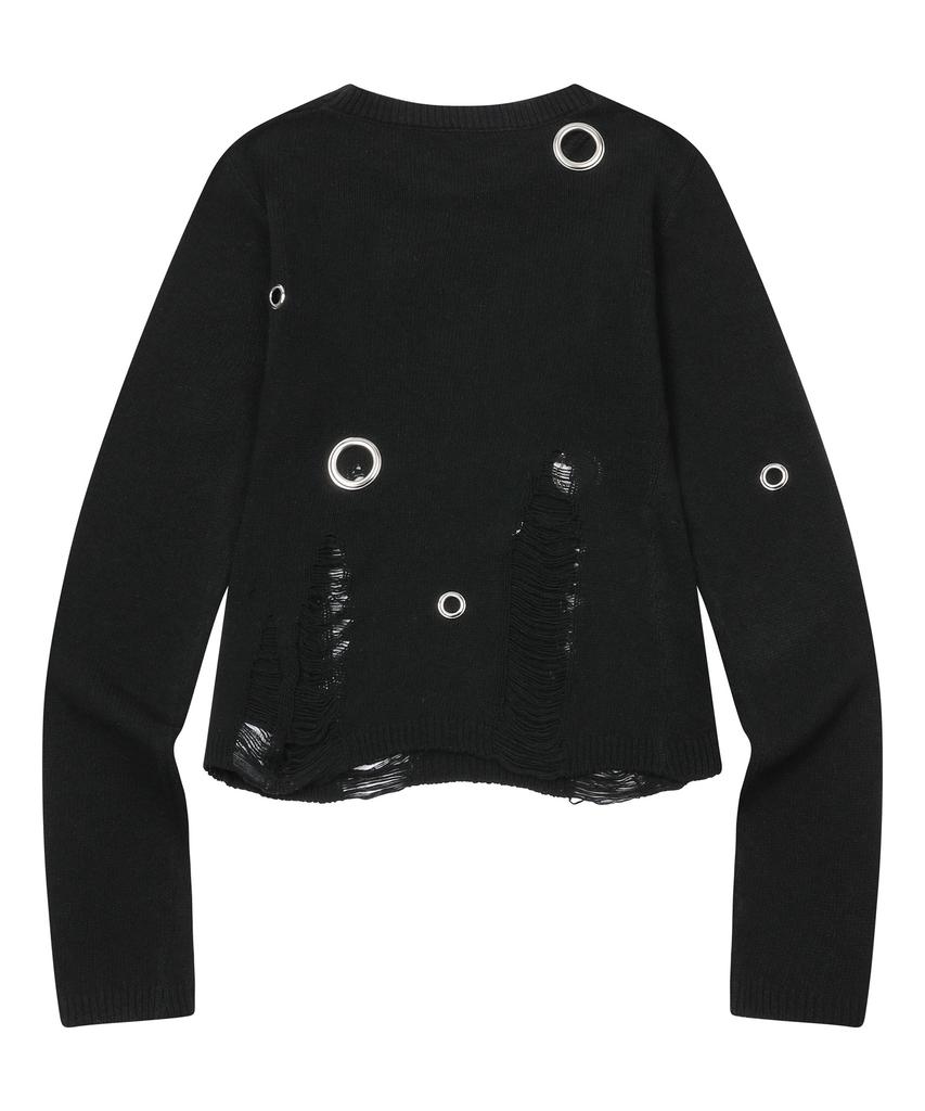 MUCENT Wagon Metal Logo Heart Patch Eyelet Damaged Knit