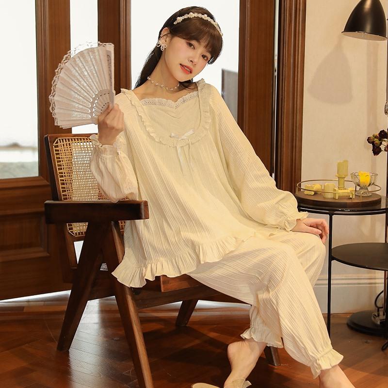 Autumn Winter Women Korean Temperament Retro Sweet Long-sleeved Cotton Pajamas Set Nordic Fashion Palace Style Princess Style Home Clothes