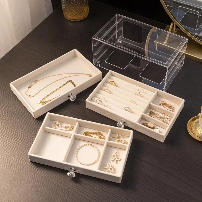 Velvet Stud Earrings Storage Box Three Layer Jewelry Organizer Dust Proof Drawer Design for Accessories Dressing Jewelry Box