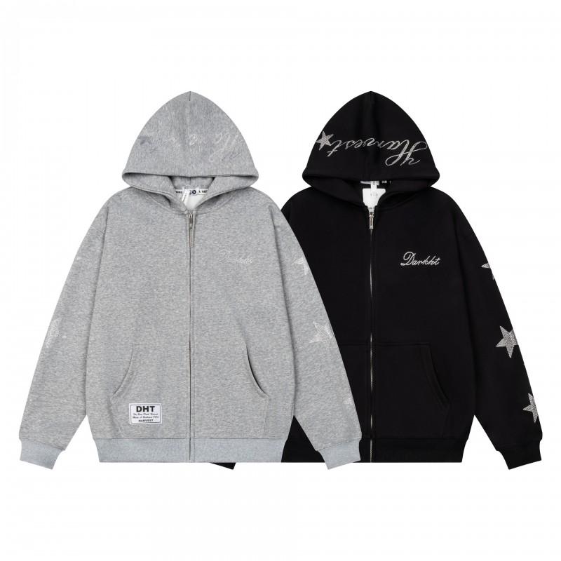 Unisex Oversized Hooded Zip-Up Sweatshirt With Star Rhinestone Embroidery Streetwear Casual Pullover Top