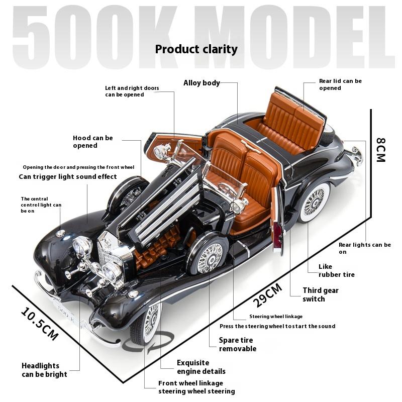 1:18 1936 Mercedes Benz 500K Классический Винтажный Автомобиль Сплав Металл Литье под Давлением Модель Машины Звук и Свет Коллекция Хобби Подарок для Мальчика