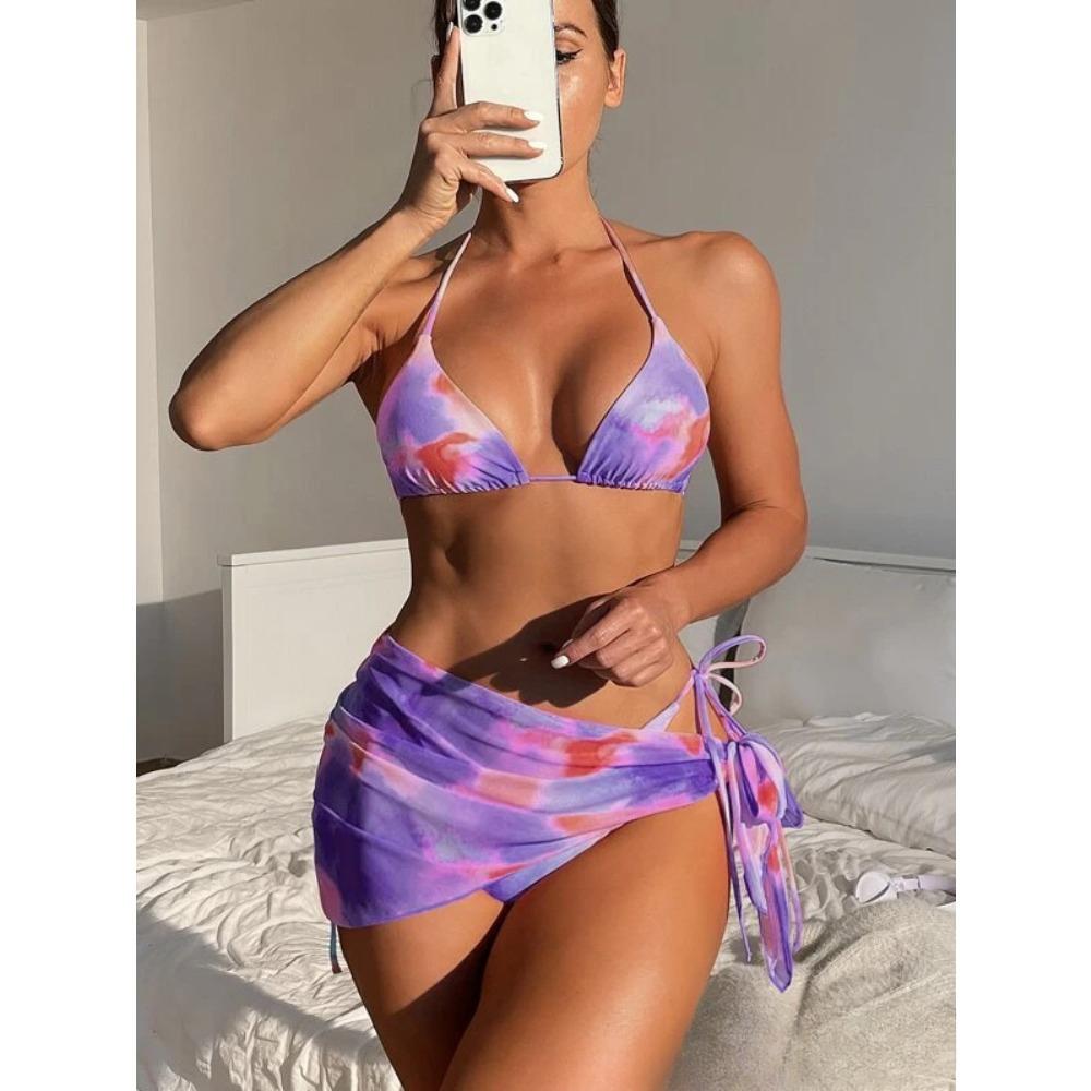 European and American Sexy Fashion Tie-dye Bikini Mesh Skirt Three-piece Women's Swimsuit