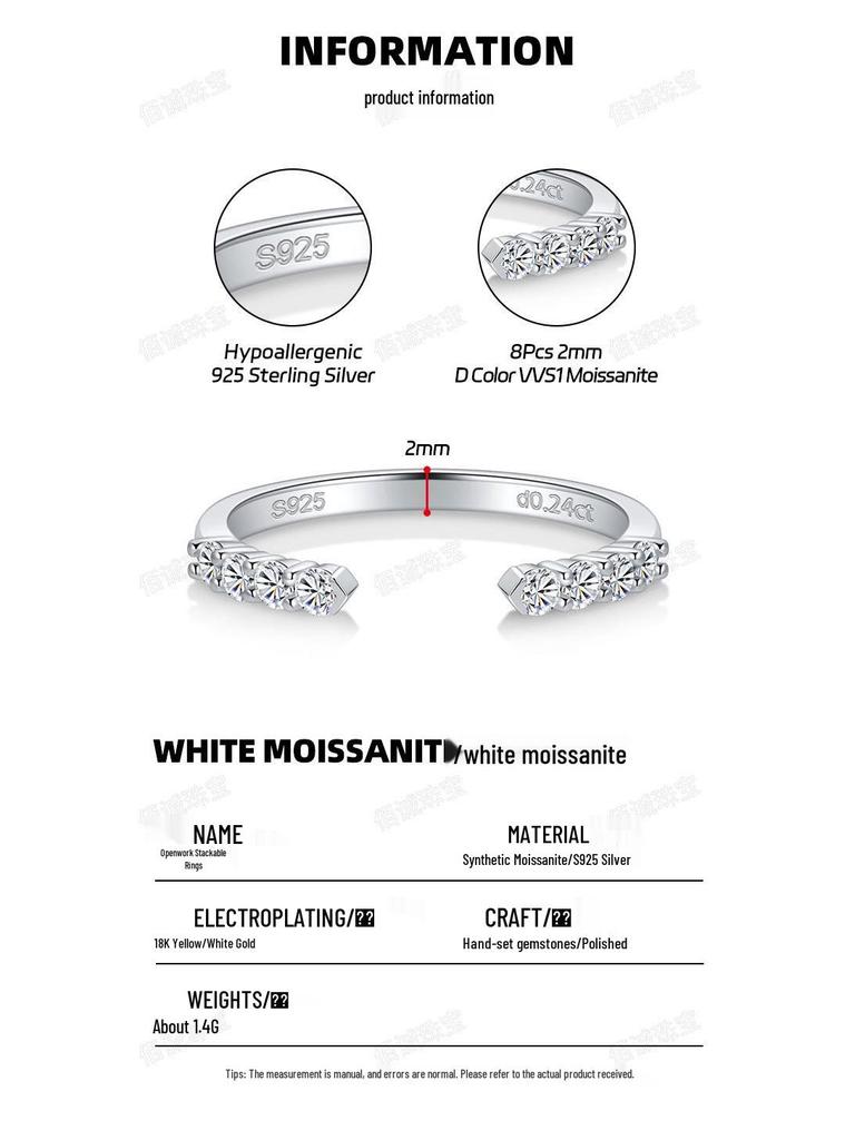 Round Moissanite Eternity Ring: 18k Gold-Plated S925 Silver, Versatile Open Design, Stackable.