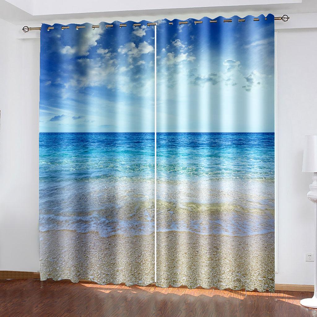 2 шт., пляжный пейзаж, простые карманные шторы с карманами, фильтрующие свет, подходят для гостиной, офиса, дома, украшения спальни
