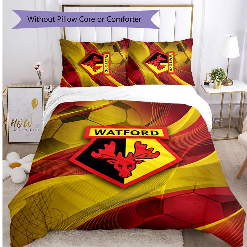 Watford Football Printed 3 Pieces Bedding Set, Comfortable Skin Friendly Bedroom Duvet Cover Set