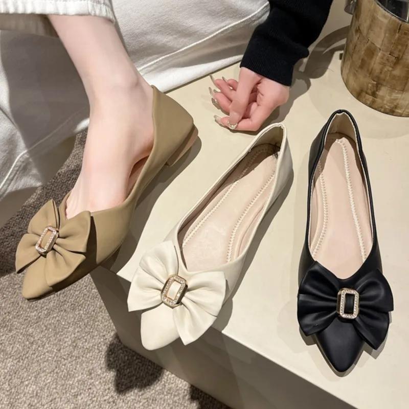 Модные женские балетки с острым носком, милые женские туфли из искусственной кожи, удобные одинарные туфли с бантом, женские осенние однотонные