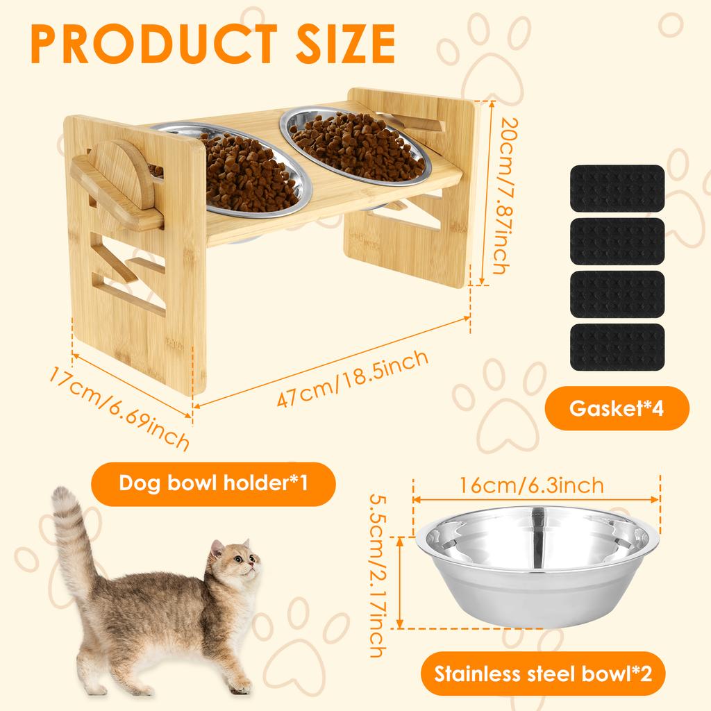 Приподнятые миски для кошек с наклоном 15°, деревянная кормушка для домашних животных с 3 мисками из нержавеющей стали, непротекающая миска для еды и воды для щенков и кошек