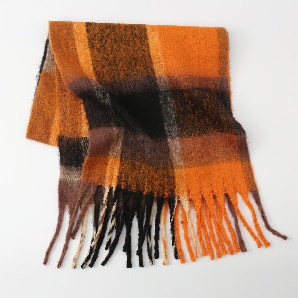 Autumn and Winter New Rainbow Plaid Imitation Cashmere Fringed Scarf Women's Mohair Enlarged Thick Shawl Warm Scarf