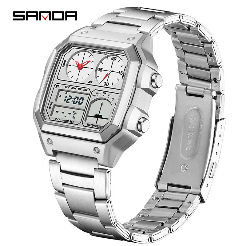 Sanda Temu Студенческие спортивные часы с измерением температуры, водонепроницаемые, двойной дисплей, многофункциональный квадратный дизайн