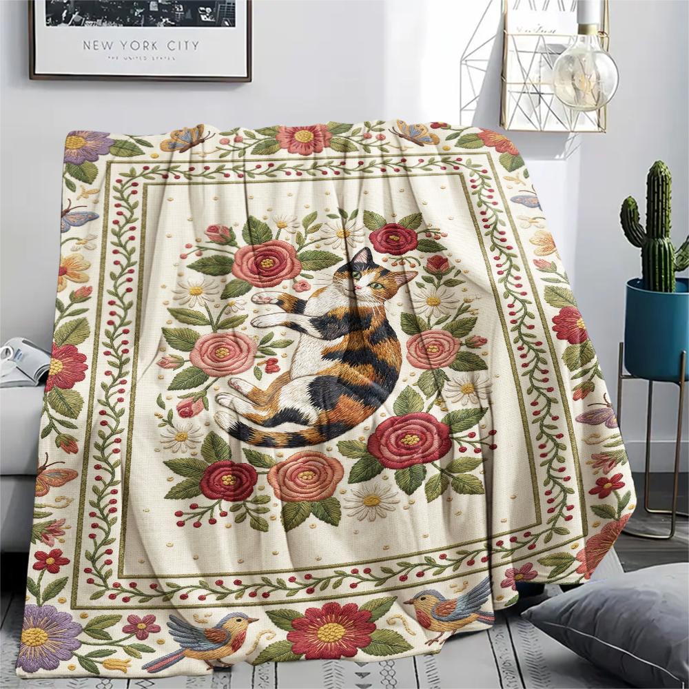 Cat Flower Print Flannel Blanket, High quality Comfortable for All Seasons, Home Decor, Warmth and Comfort, Perfect for Christmas Gifts44