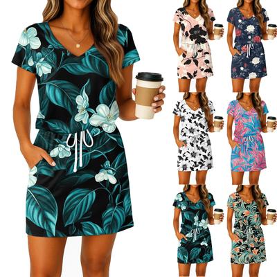 Женское летнее платье с V-образным вырезом, короткими рукавами, кулиской, карманом и цветочным принтом, повседневное