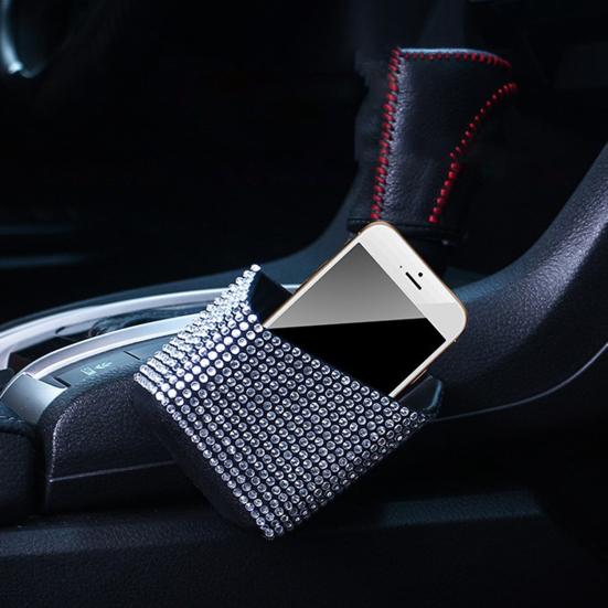 Car Storage Box Rhinestone Patterned Self Adhesive Plastic Faux Crystal Shiny Mobile Phone Sunglass Coin Key Card Case for Car