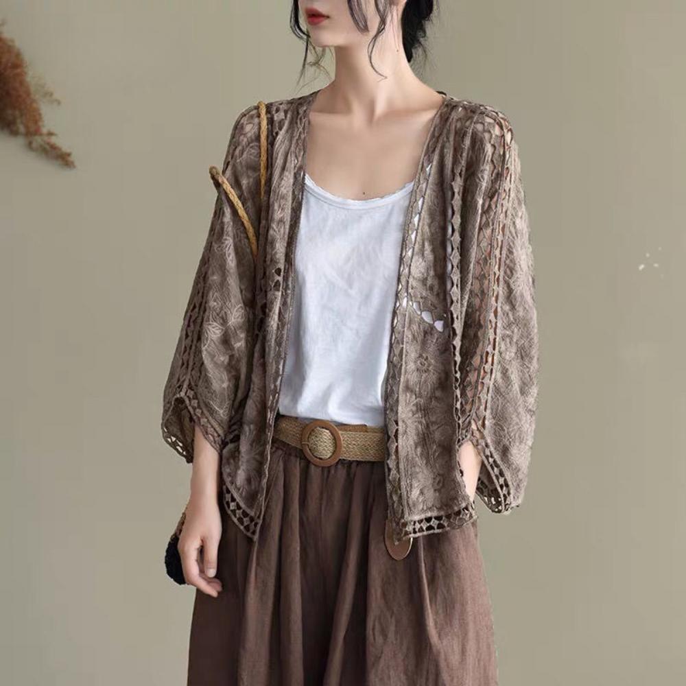 Loose Fit Cotton Embroidery Lace Cardigan Short Bat Sleeve Shawl 7 Split Sleeve Air Conditioner Sunscreen Cover Female Spring and Summer Clothes