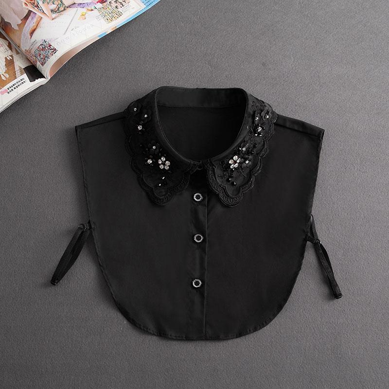 Front Tie White Fake Collar Stand Beads Detachable Collar Fake Women Vintage Crystal Lace Ladies False Blouse Collar Half Shirt
