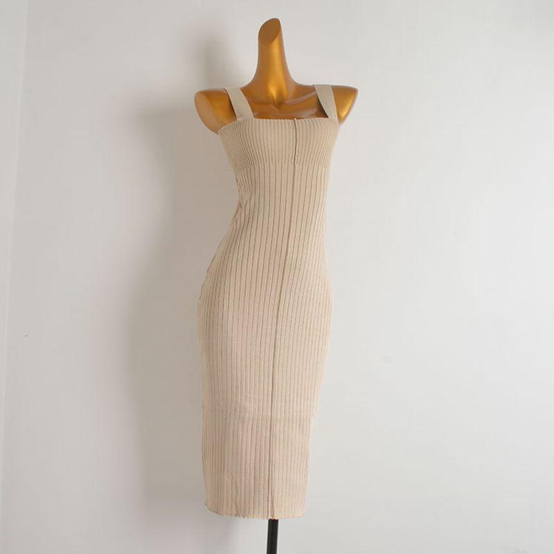 French Style New Arrival Pure Color Knitting Dress Women's Clothing Silm Slimming Slit Mid Length Long Length Sleeveless Vest Suspender Dress