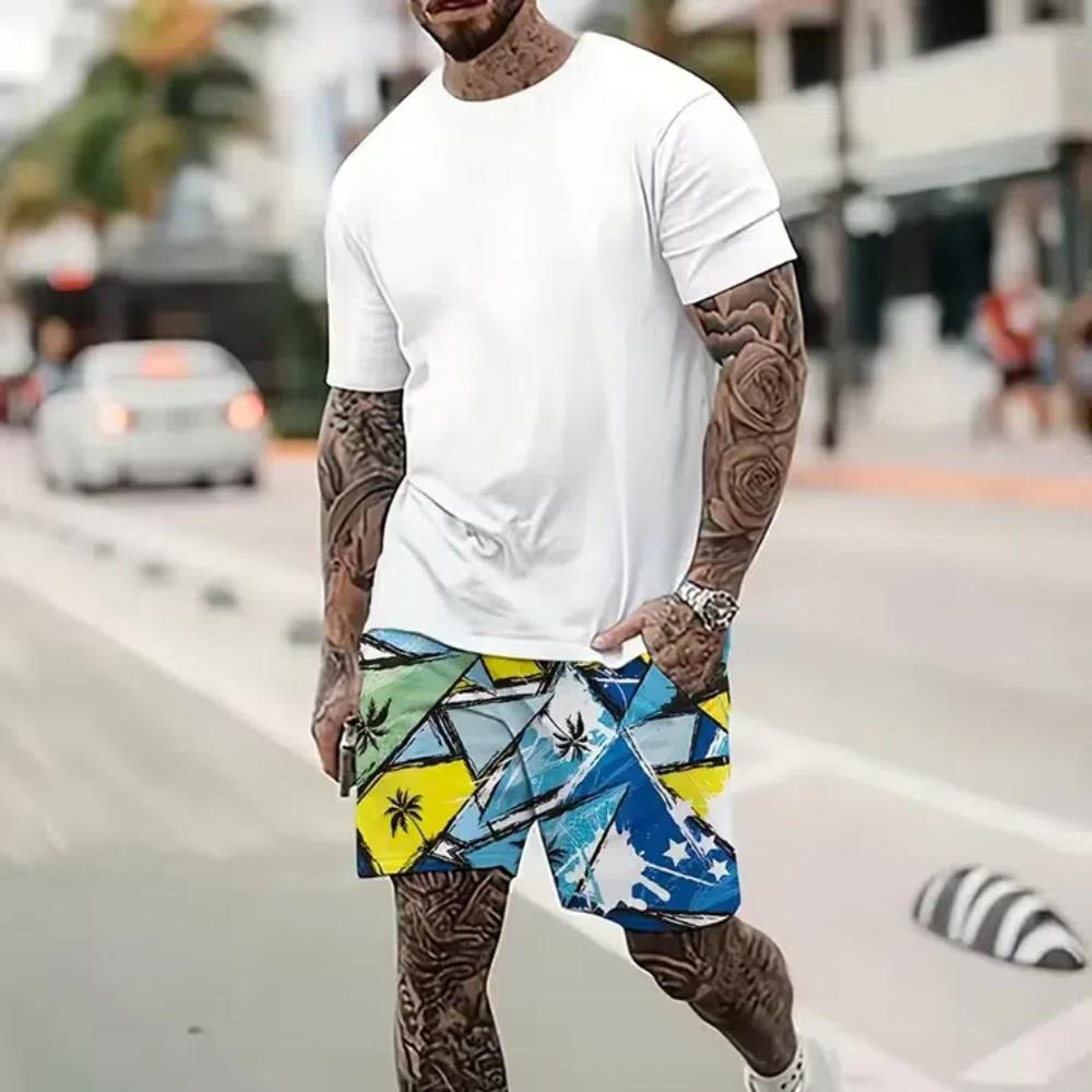 Комплект из 2 предметов для мужчин, повседневная футболка с коротким рукавом и шорты на шнурке, летний комплект мужской одежды для отдыха, отпуска, тренировок