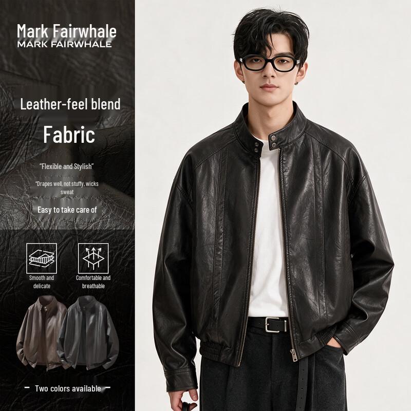 MARK FAIRWHALE Men's Retro Stand-Collar PU Leather Jacket