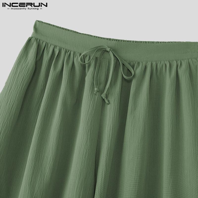 INCERUN Винтажные мужские эластичные брюки с завязками на талии, однотонные, с текстурой нерегулярного цвета, укороченные, свободные