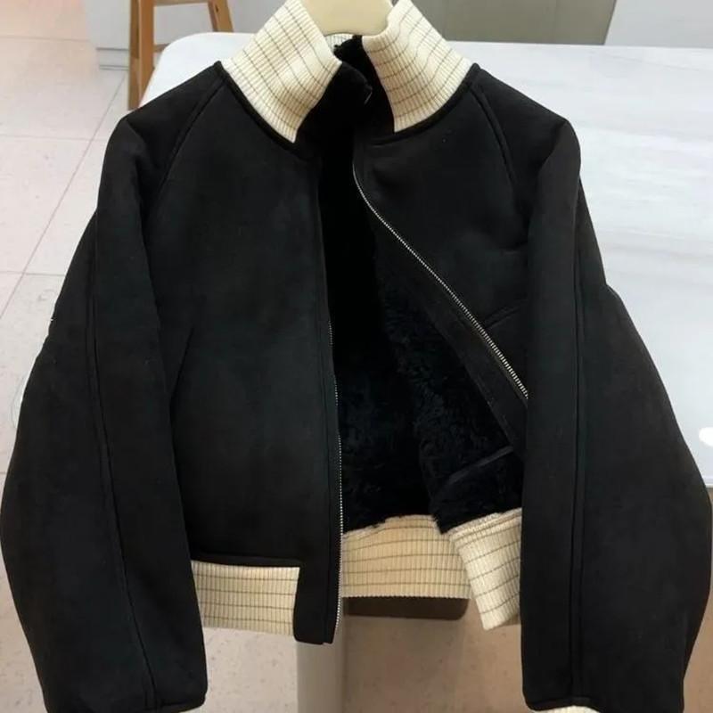 Кофейный короткий женский свободный и универсальный утолщенный теплый жакет