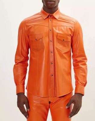 Оранжевая классическая рубашка ручной работы для официальных мероприятий, стильная, повседневная, мужская, кожаная, из овчины