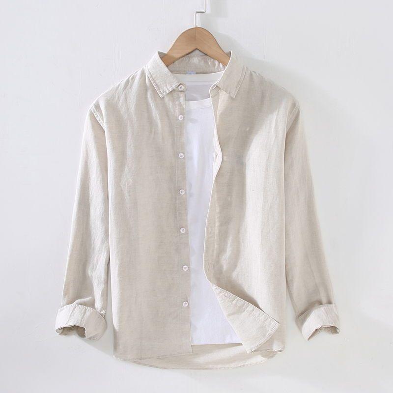 Men's Casual Long-Sleeve White Linen Shirt - Lightweight, Trendy Spring/Summer Top