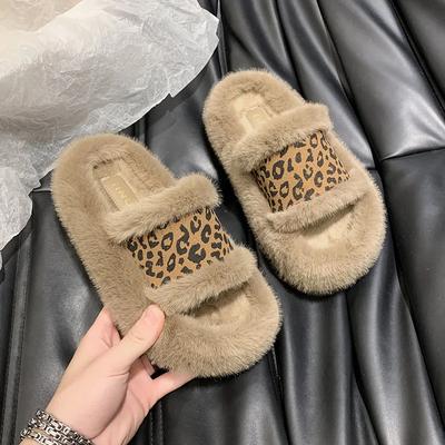 Модная леопардовая женская обувь, женские тапочки, уличные мюли на каблуке, роскошные шлепанцы, резиновые шлепанцы, меховые слайдеры, платформа, низкий каблук, горячие продажи