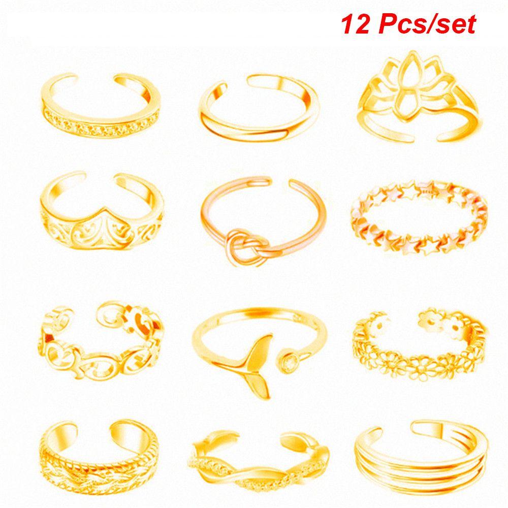 12pcs/set Open Girls Adjustable Beach Joint Finger Rings Tail Ring Toe Ring Set Foot Ring
