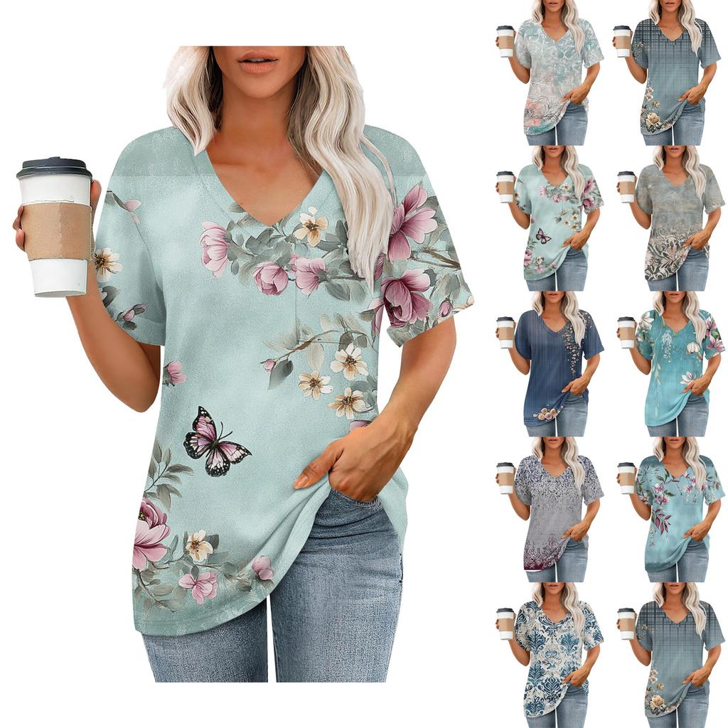 Women's Fashion Pocket V-neck Short Sleeve Plant Floral Print T-shirt Top