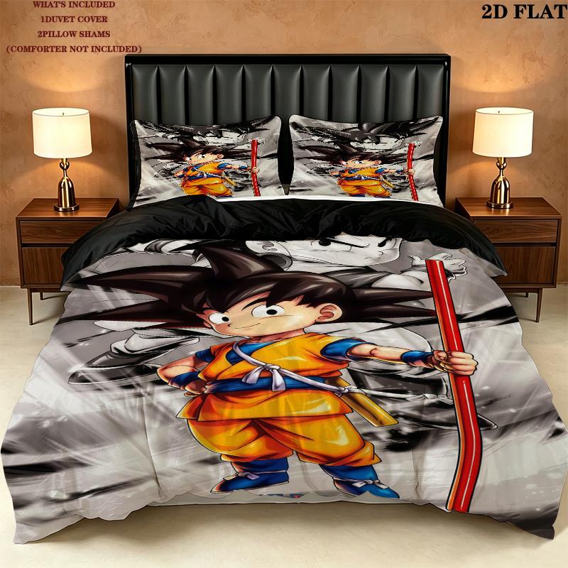 Cartoon Son Goku Pattern Bedding Quilt Set Quilt Cover Pillowcase Home Birthday Gift(1 * duvet cover + 2 * pillowcase, without core)