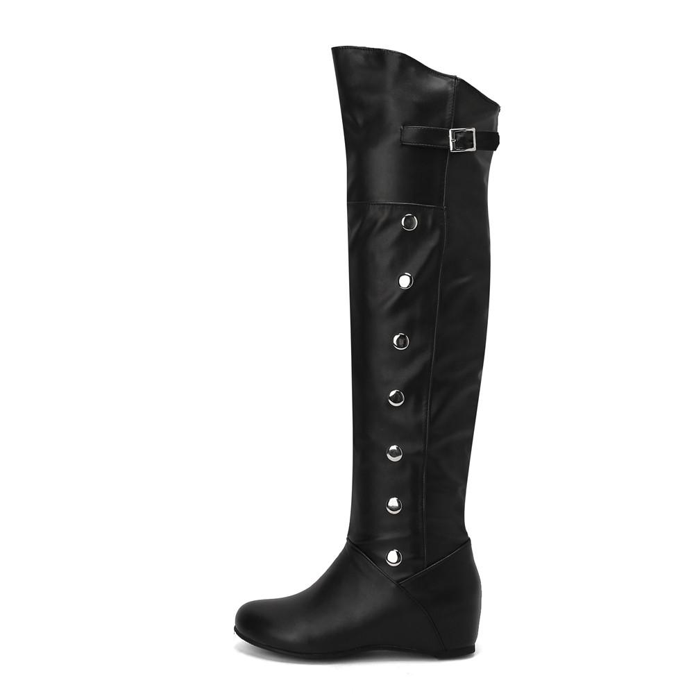 Women Boots Winter New Fashion Casual Over-The-High Boots Round Toe Buckle Plus Size 34-43Lady Shoes Rivet Metal Decoration