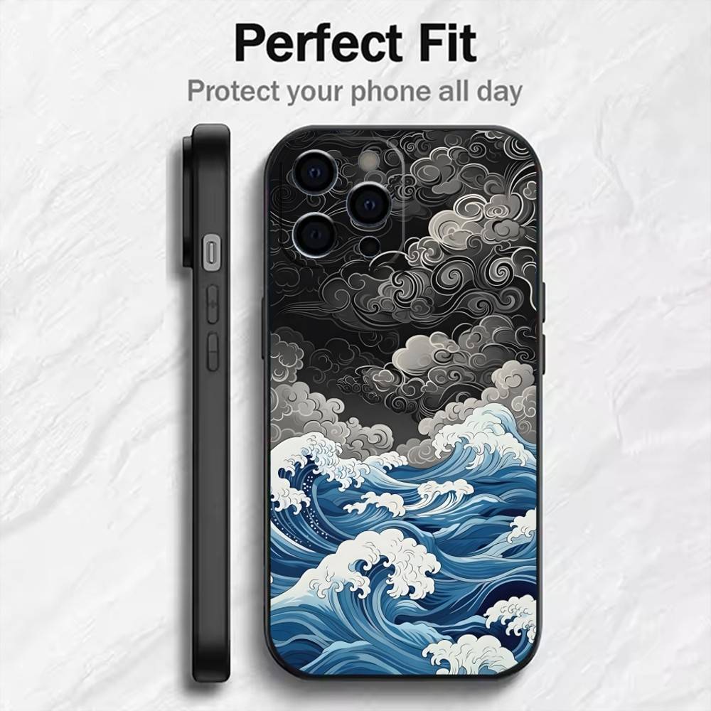 Японская живопись Укиё-э Волны Чехол для телефона Для iPhone 17, 16, 15, 14, 13, 12 Plus, Max Мягкий силиконовый Черный чехол
