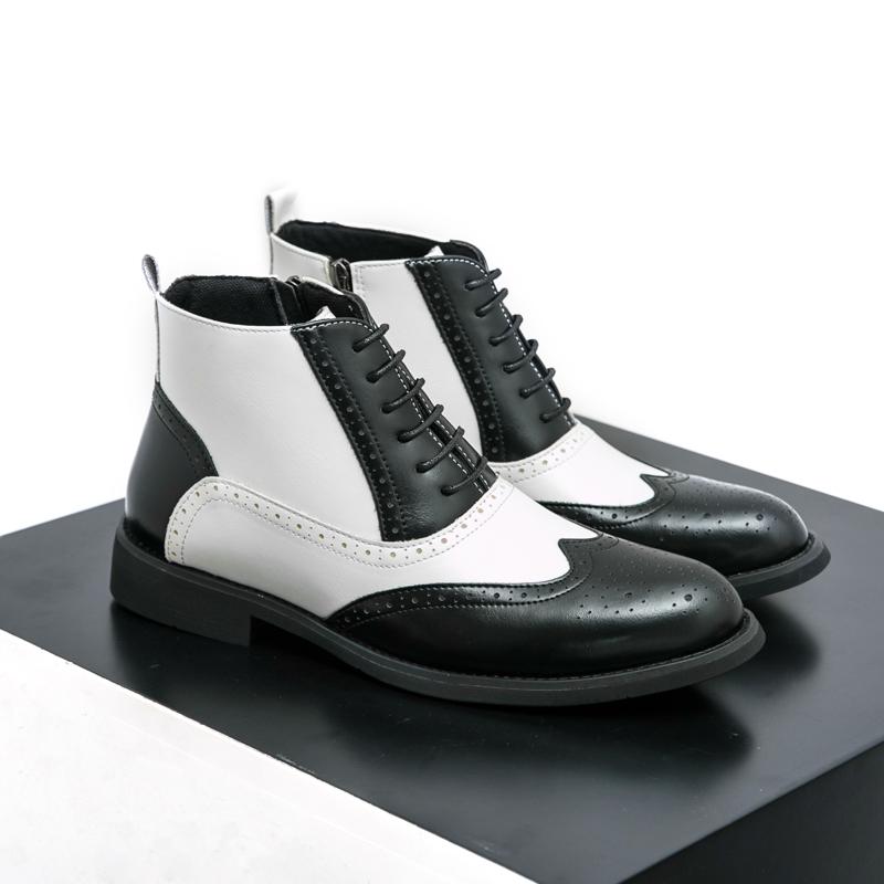 Men Brogues Boots Motorcycle Casual Ankle Boots Wingtip Dress Formal High Top Black White Leather Boots Over Sized