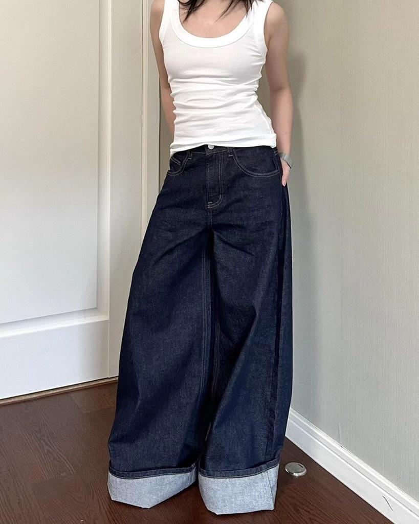 Новые американские женские черные джинсы High Street Vibe с широкими штанинами для осени и зимы для мужчин и женщин, стираные свободные прямые брюки