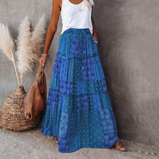 Женская юбка-макси с эластичным шнурком и высокой талией, свободная, с большим подолом, трапециевидной формы, в стиле пэчворк, плиссированная, винтажная, в стиле бохо, с этническим принтом, отпускная юбка