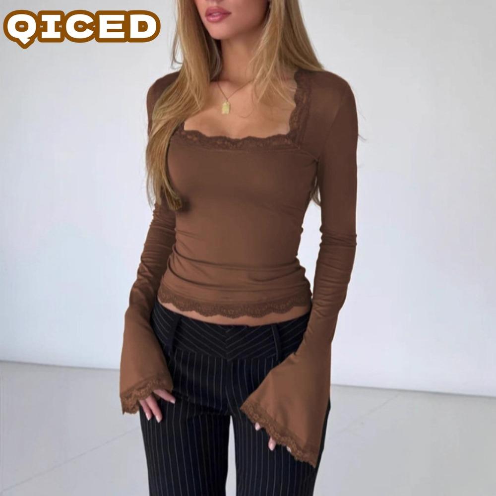 QICED Женские модные повседневные однотонные блузки и рубашки с длинными рукавами с принтом