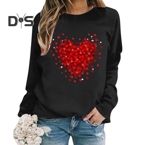 Женская толстовка с капюшоном на День святого Валентина, женская толстовка с принтом в виде сердца, круглый вырез, длинный рукав, свободный пуловер, топы