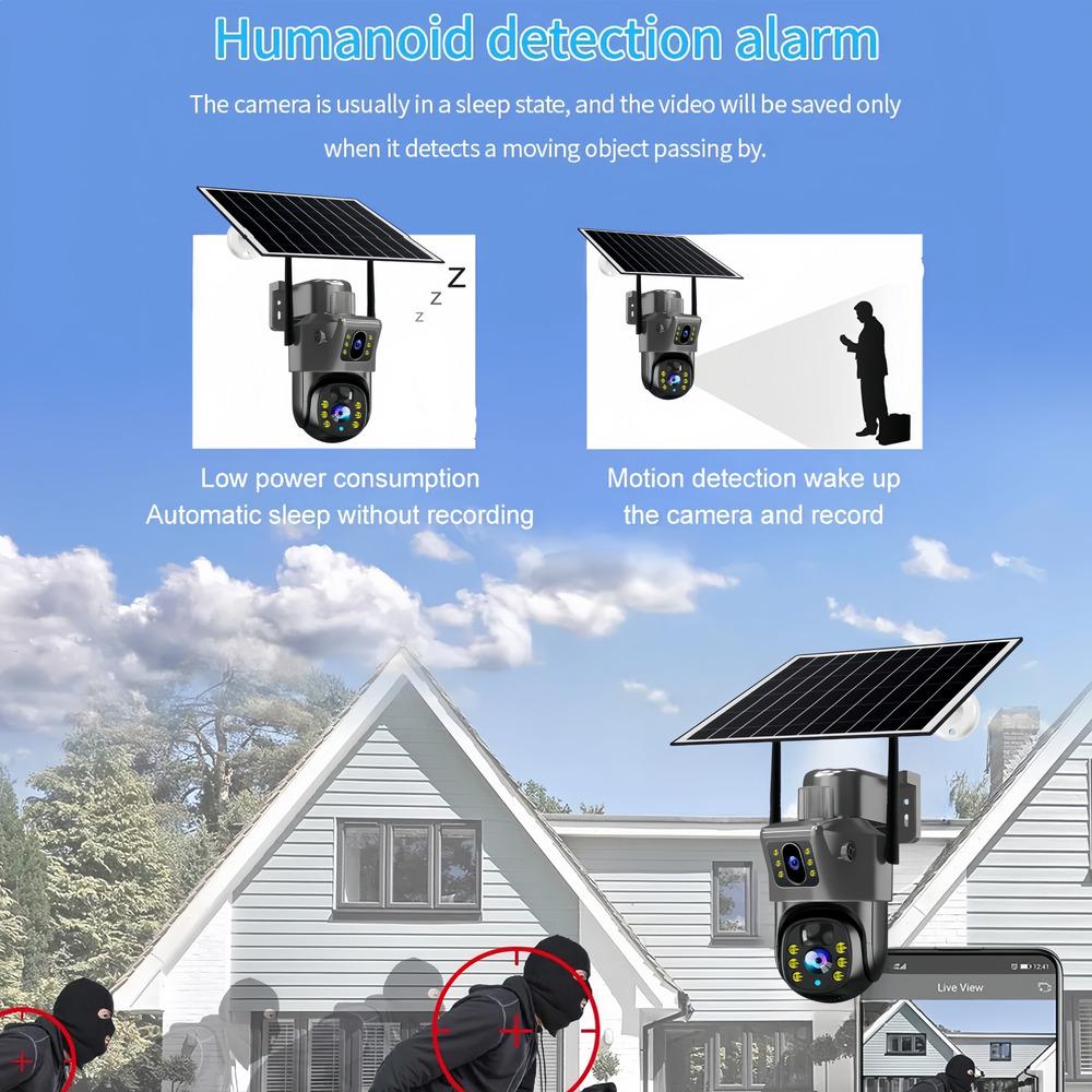 4K 8MP WIFI Солнечная уличная камера с двумя объективами PTZ HD с искусственным интеллектом Автоматическое отслеживание Безопасность CCTV Встроенный аккумулятор Беспроводное наблюдение