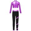 Girls Figure Skating Outfit Mock Neck Long Sleeve Sequin Shiny Crop Top Metallic Striped Pants Dance Costume