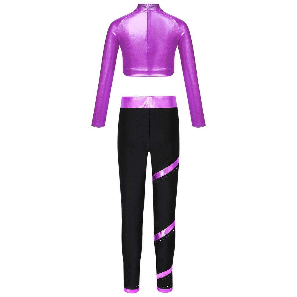 Girls Figure Skating Outfit Mock Neck Long Sleeve Sequin Shiny Crop Top Metallic Striped Pants Dance Costume