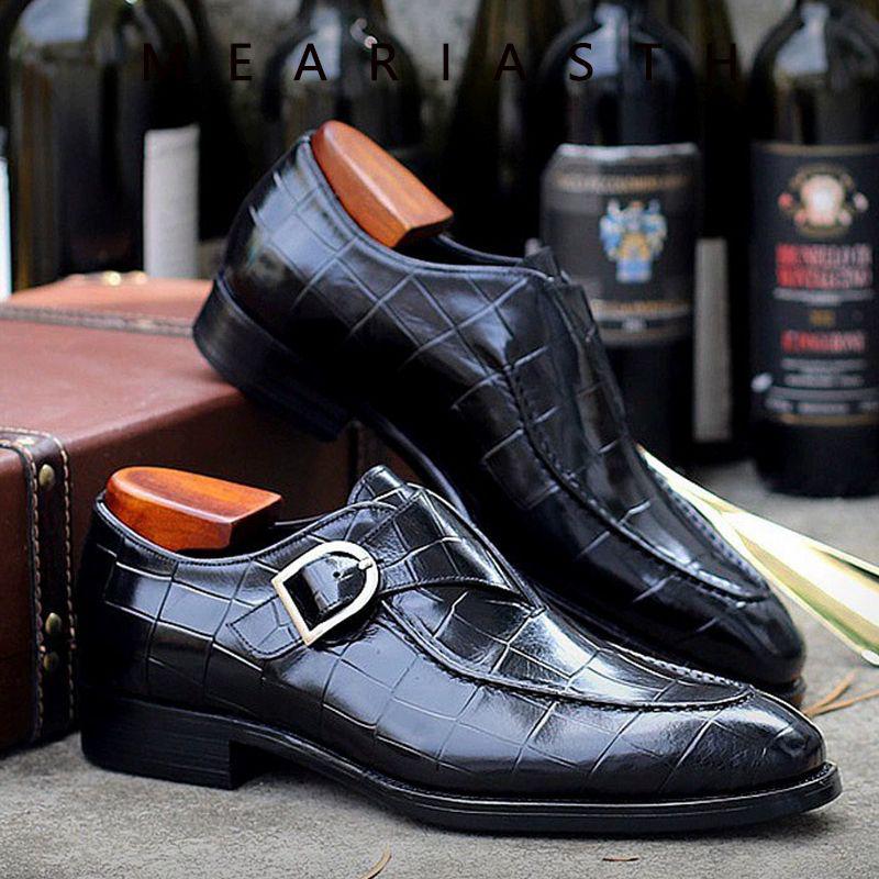 Men's Formal Leather Monk Shoes - European & American Style, Alligator Pattern, Square Toe, Retro Handmade