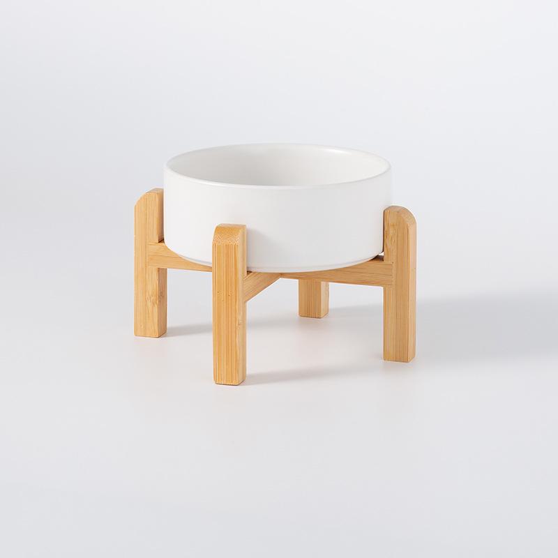 Керамическая миска для корма домашних животных с приподнятой бамбуковой подставкой - Антиопрокидывающаяся конструкция для собак и кошек, Защищает шейный отдел позвоночника