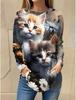Женский осенний пуловер, футболки с длинными рукавами, длинная футболка с 3d принтом и рисунком милого кота для женщин, уличная футболка большого размера с круглым вырезом