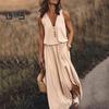 Женское летнее длинное платье без рукавов, повседневное платье макси с застежкой-молнией спереди, V-образным вырезом, карманом, плиссированным разрезом, платье миди