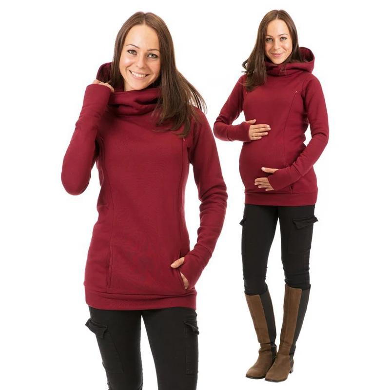 Winter Women Pregnant's Women's Breastfeeding Long Sleeves Clothes Hooded Sweater Nursing Maternity's Solid Color Clothes