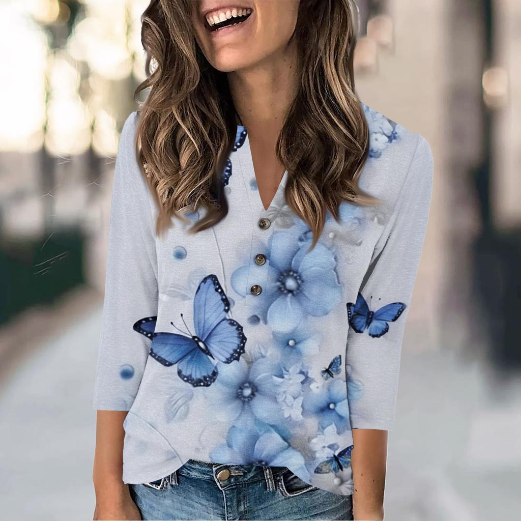 Women's Fashion Casual Loose 3/4 Sleeve Printed Round Neck Top