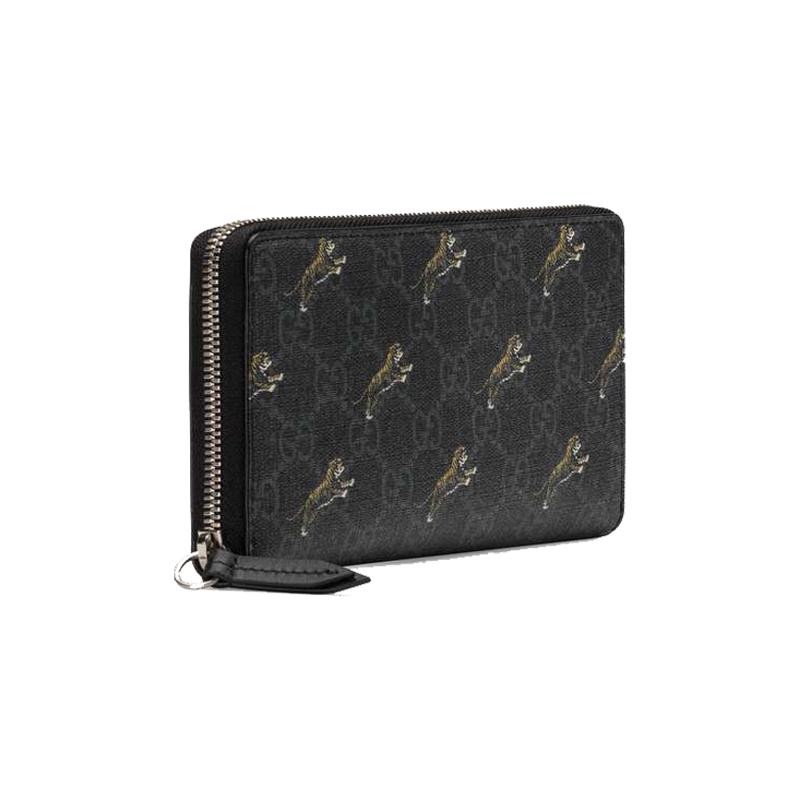 Gucci Кошелек-клатч из холщовой заплатки с принтом под тигра, логотипом для пресбиопии, длинной молнией, мужской, черный, серый