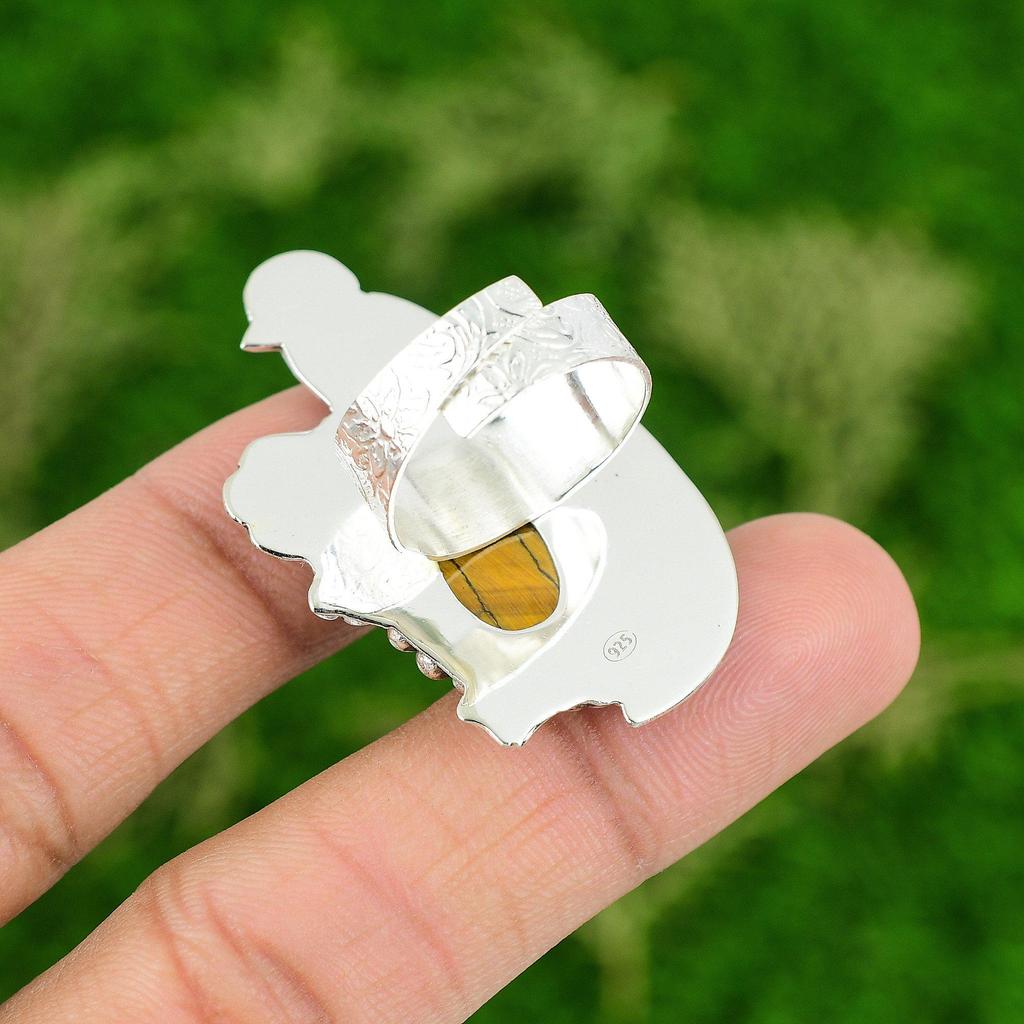 Natural TigerS Eye 925 Silver Multi Stone Bird Adjustable Ring For Girls